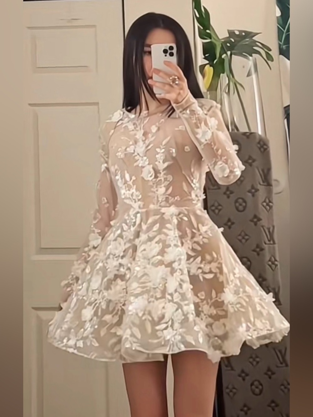 Ivory Floral Appliqué Asymmetrical Mini Dress